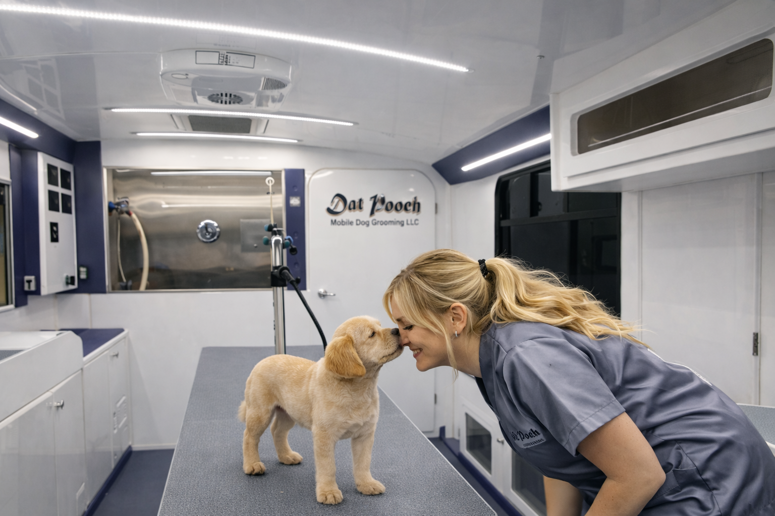 Dat Pooch groomer with puppy inside mobile grooming van